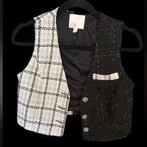 GB Black and White Tweed Cropped Vest crystal buttons small